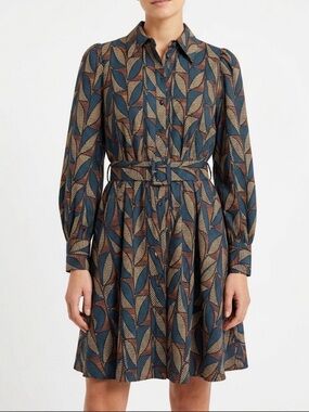 Forcast Lela Printed Shirt Long-Sleeve Printed Belted Dress in Green and Rust